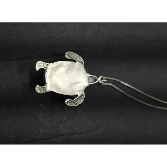 Vintage Turtle Pendant Necklace Snowflake Obsidian Stone Chain Sterling Silver - Picture 5 of 12